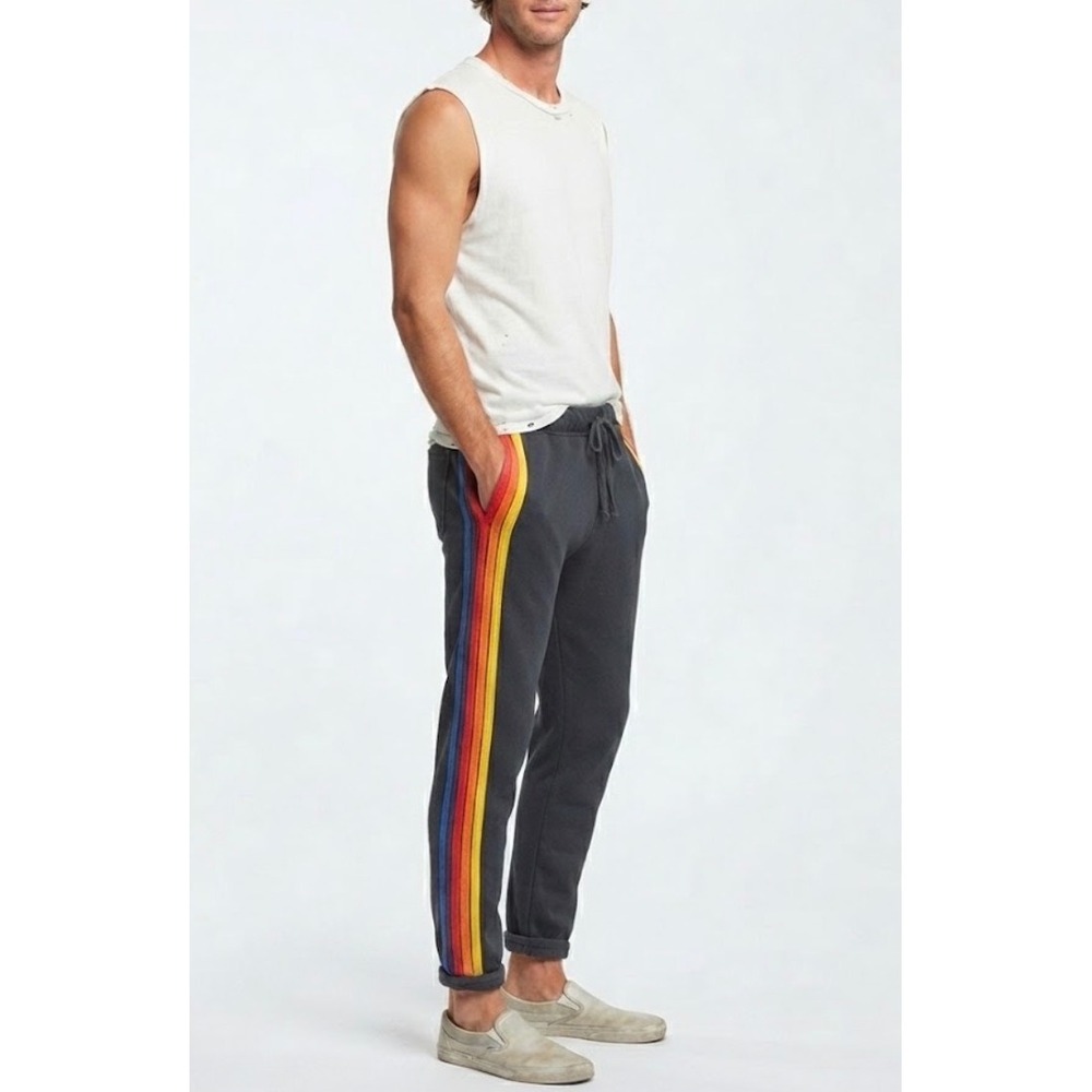 Aviator Nation 5-Stripe Sweatpants Charcoal Gray Rainbow Joggers Mens Medium
